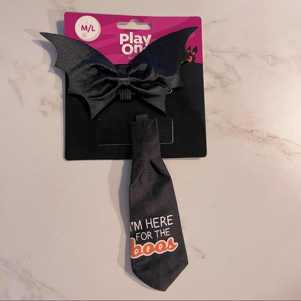 Halloween Themed Pet Batwing Bow tie and Tie with “I’m here for the Boos” NWT